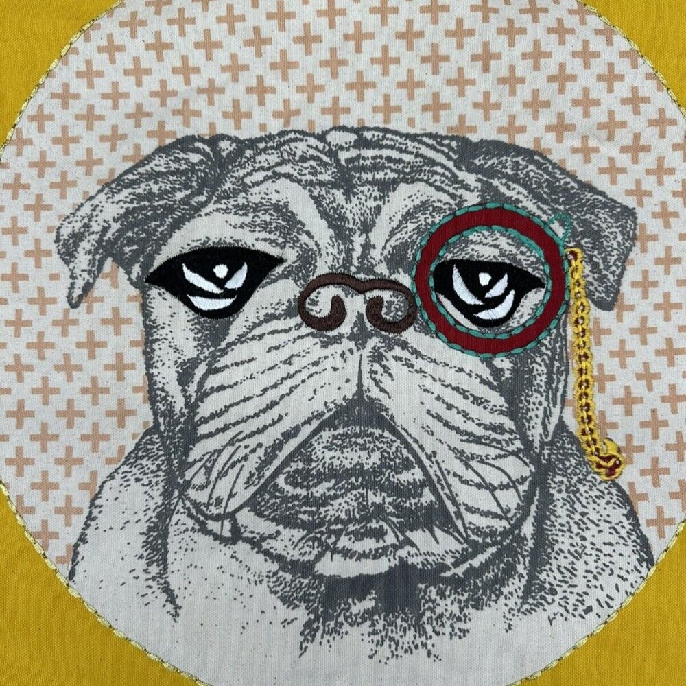 Decorative Bulldog Monocle Pillow Cover Yellow Cotton Kitschy Embroidered Dog - Picture 4 of 10